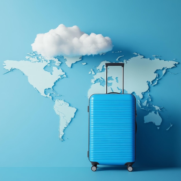 Blue Travel Luggage with World Map Background and Floating Clouds