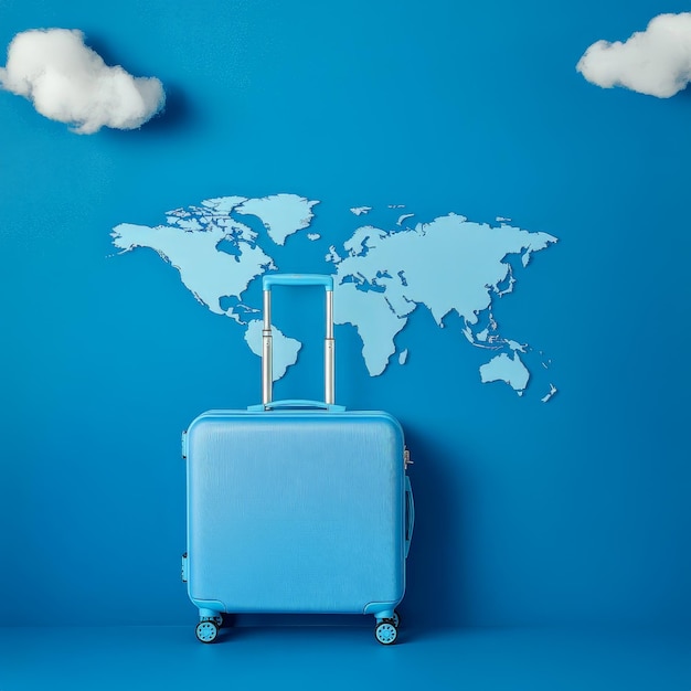 Blue Travel Luggage with World Map Background and Floating Clouds