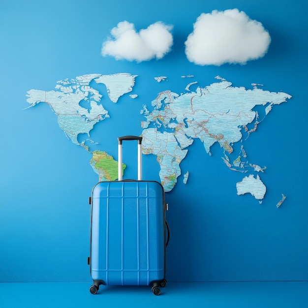 Blue Travel Luggage with World Map Background and Floating Clouds