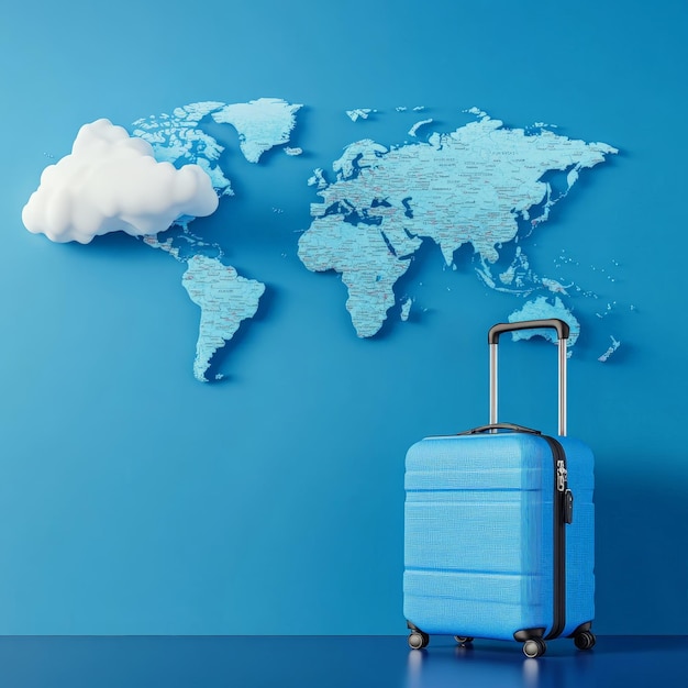 Photo blue travel luggage with world map background and floating clouds