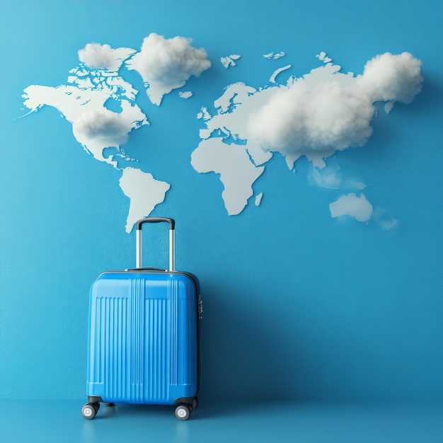 Blue Travel Luggage with World Map Background and Floating Clouds