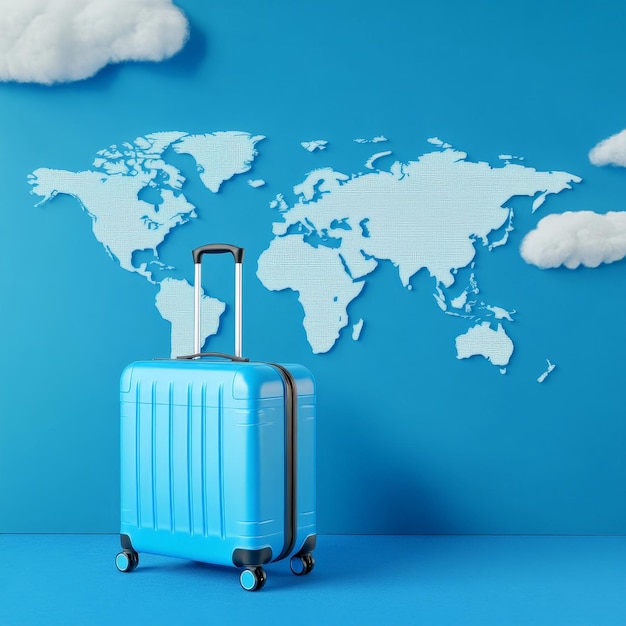 Blue Travel Luggage with World Map Background and Floating Clouds