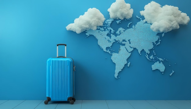 Blue Travel Luggage with World Map Background and Floating Clouds