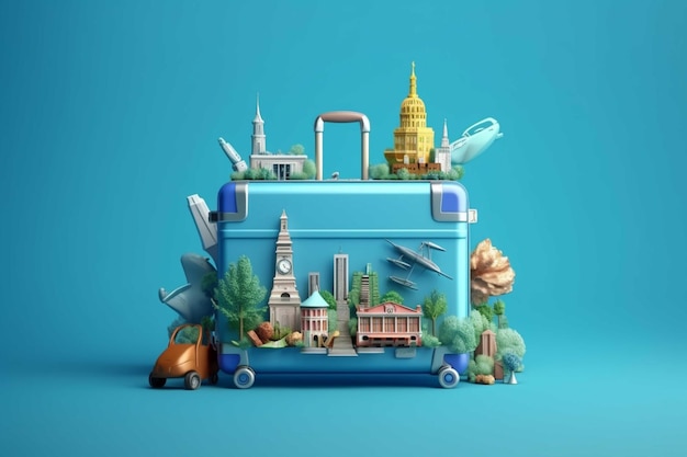 Blue travel suitcase on blue background Travel and vacation concept 3d illustration