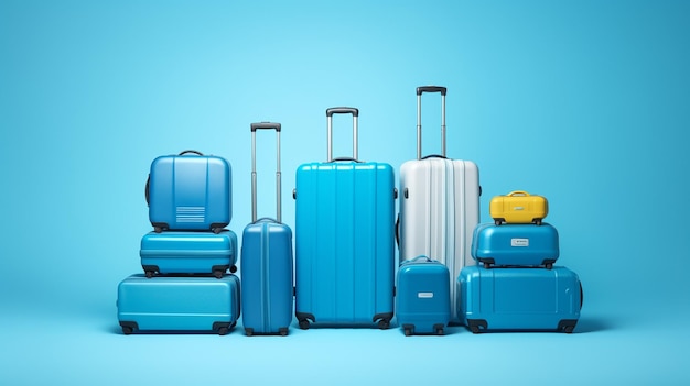 blue travel suitcase on blue background