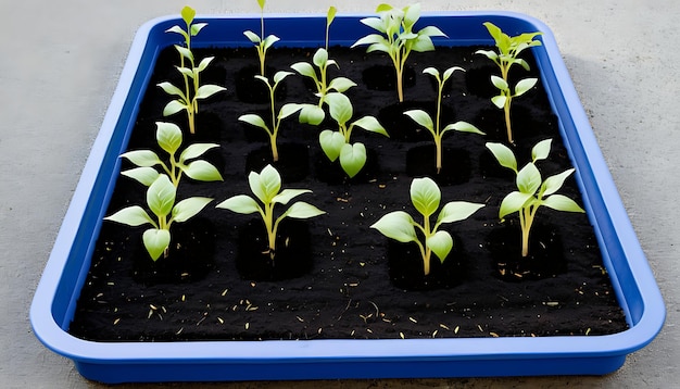 a blue tray with a few plants in it and a blue tray with a green plant in it