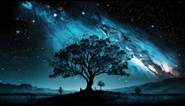 A blue tree with a starry sky