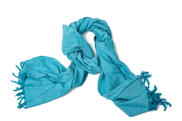 Blue trendy cotton scarf isolated on white background, accessory knotted, top view