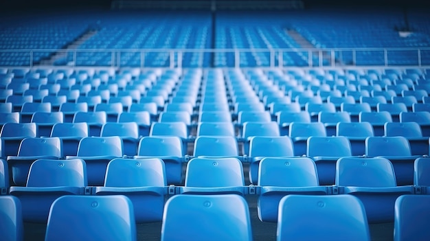 Blue tribunes seats of tribune on sport stadium empty outdoor arena concept of fans chairs for audience cultural environment concept color and symmetry empty seats modern stadium