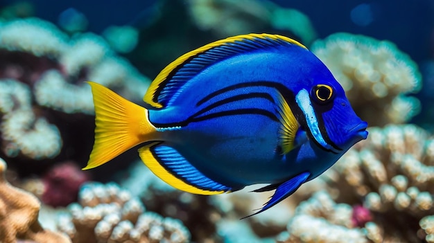 Photo a blue tropical fish with a yellow eye and a blue eye