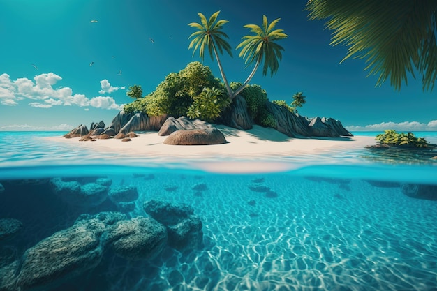 Blue tropical island in ocean background Illustration AI Generative