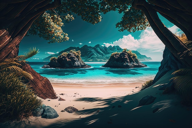 Blue tropical island in ocean background Illustration AI Generative