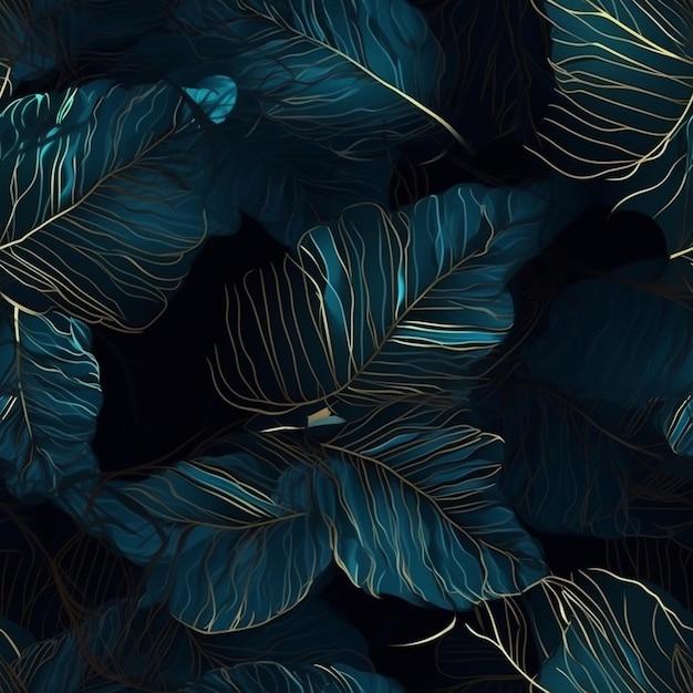 Blue tropical leaves pattern on a black background