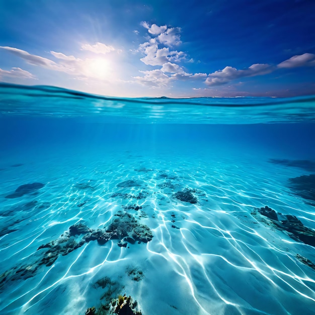 blue tropical ocean with seabed sand below serene underwater