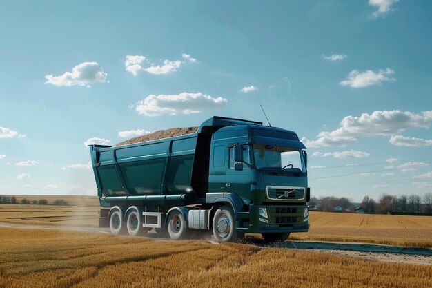 Photo a blue truck with a black roof is driving down a rural road