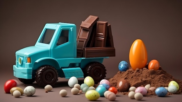 A blue truck with a dump truck full of chocolate eggs.