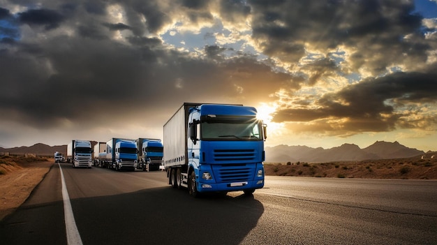 a blue truck with the headlights on is driving down a road