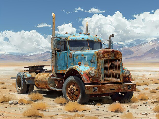 a blue truck with a rusty grill sits in the desert