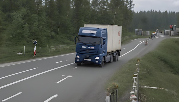 Photo a blue truck with the word wm on the front is driving down the road