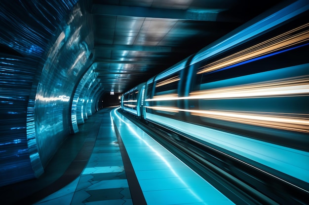 A blue tunnel with a train going through it with lights on the sides