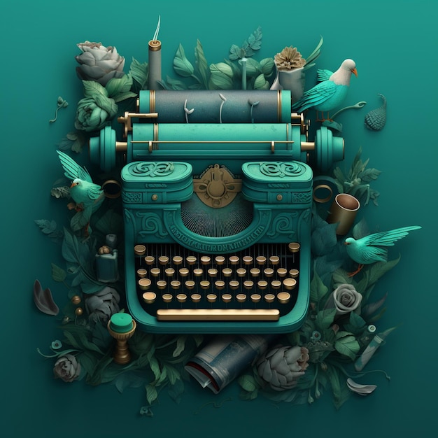 A blue typewriter with a bird on top of it.