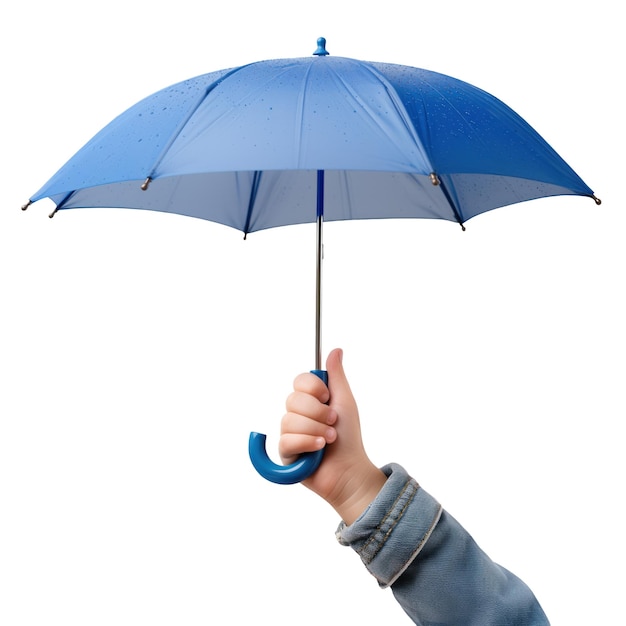 Blue umbrella in the hand of a child isolated on a white or transparent background the umbrella in