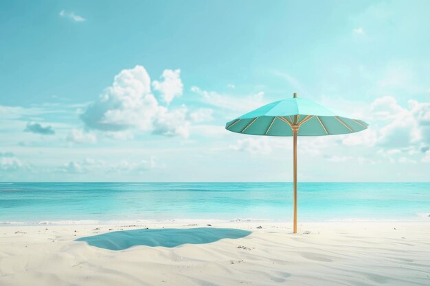 A blue umbrella is on a beach next to the ocean