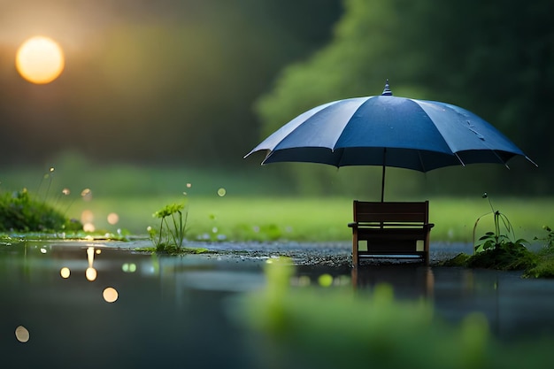 A blue umbrella is in the rain and the sun is shining on the ground.