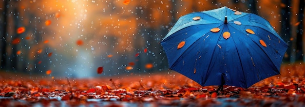 Blue Umbrella in a Rainy Autumn Forest