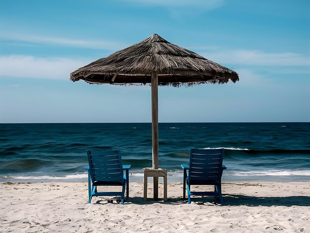 Blue Umbrella and Sea Chairs Under a Clear Sky