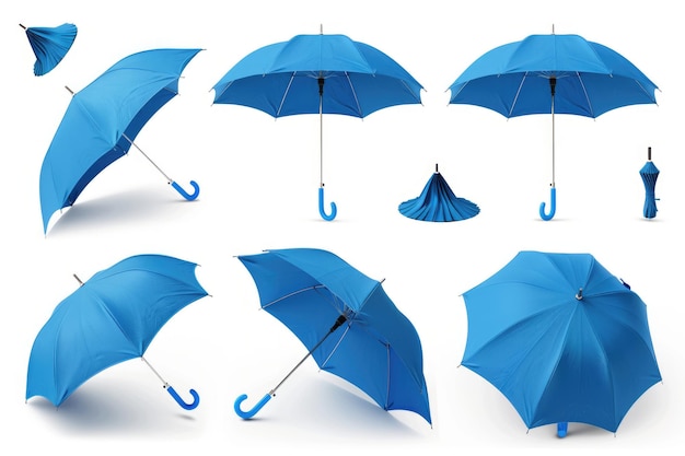 Blue umbrella set on white background with opening steps