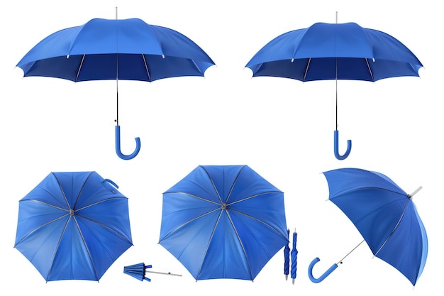 Blue umbrella set on white background with opening steps