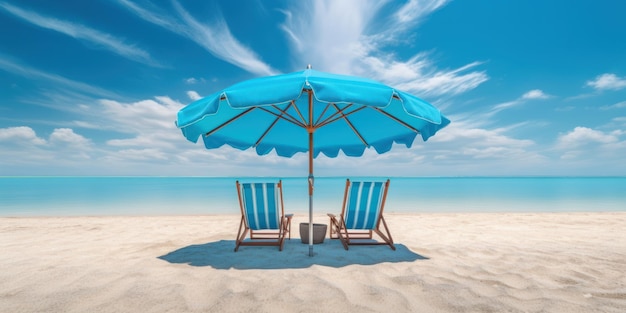 Blue umbrella with beach chairs on tropical beach blue sky background Generative AI