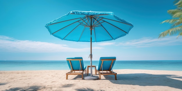 Blue umbrella with beach chairs on tropical beach blue sky background Generative AI