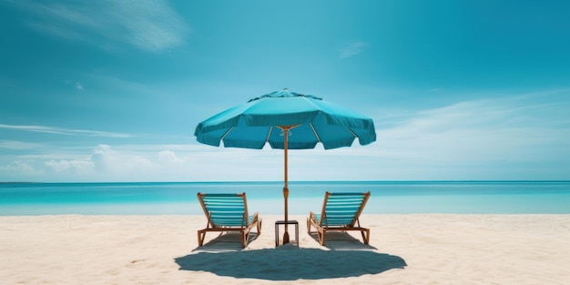 Blue umbrella with beach chairs on tropical beach blue sky background Generative AI