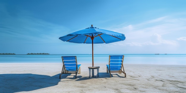 Blue umbrella with beach chairs on tropical beach blue sky background Generative AI