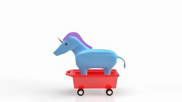 The blue unicorn on red cart for start up concept 3d rendering