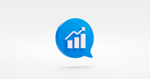 Blue up arrow graph 3d icon bubble message isolated on white background with business finance profit chart symbol or growth money stock financial investment diagram and success grow economy exchange