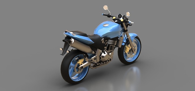 Blue urban sport two-seater motorcycle on a gray background. 3d illustration.