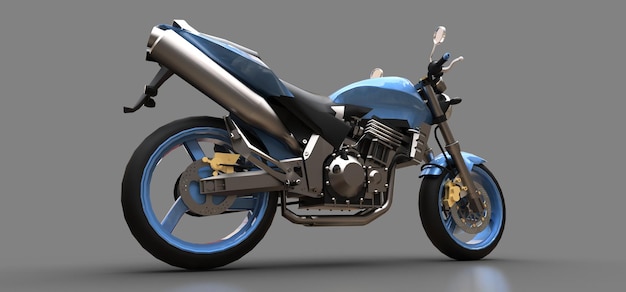 Blue urban sport twoseater motorcycle on a gray background 3d illustration