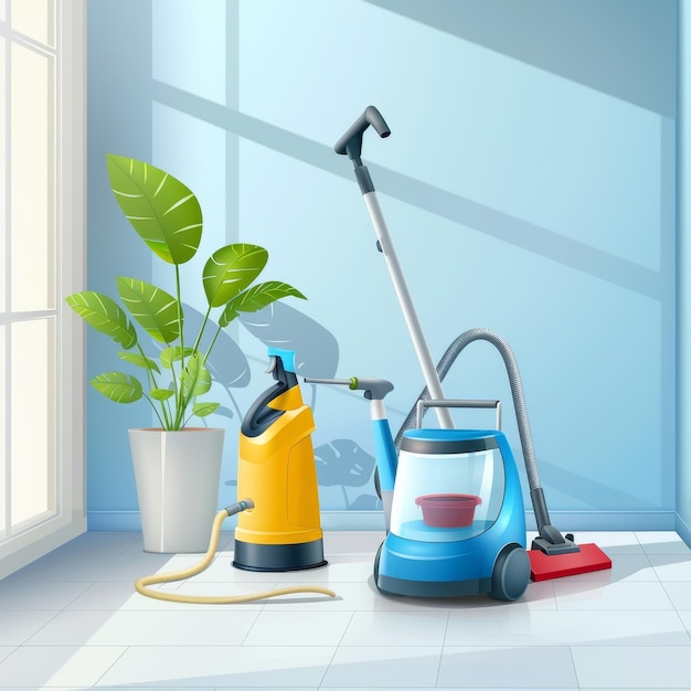 a blue vacuum cleaner is next to a window and a plant