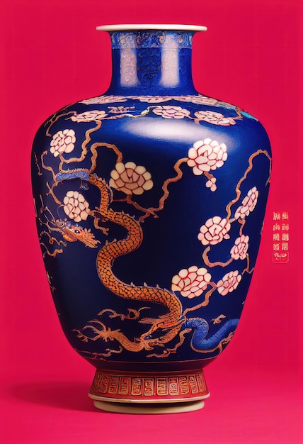 A blue vase with a dragon on it and a red background.