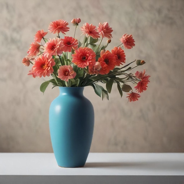 a blue vase with flowers in it and a wallpaper behind it