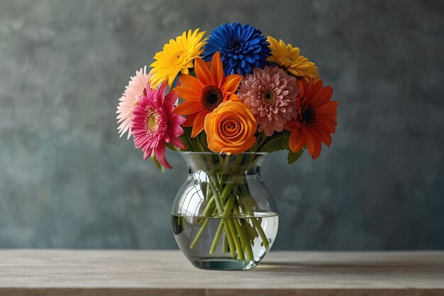 Photo a blue vase with flowers on a table and a curtain behind it