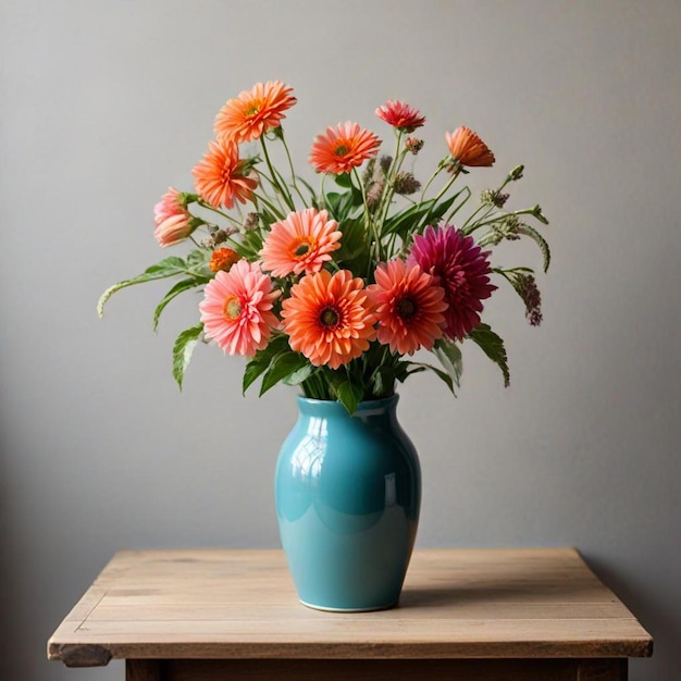 Photo a blue vase with flowers on a table