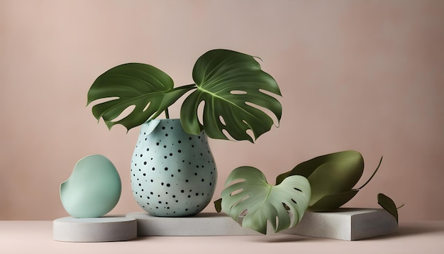 a blue vase with green leaves and a plant in it