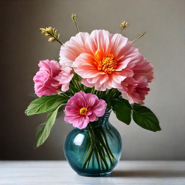 a blue vase with pink flowers in it and a green leaf