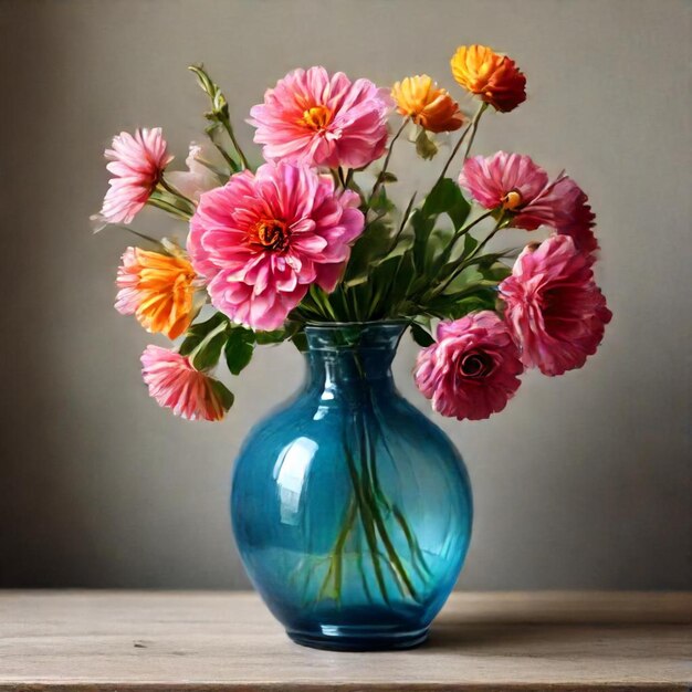 a blue vase with pink and yellow flowers in it