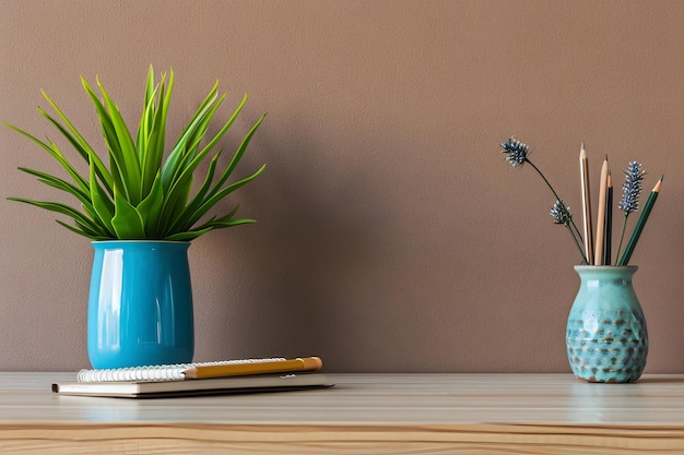 a blue vase with a plant in it and a pencil in it