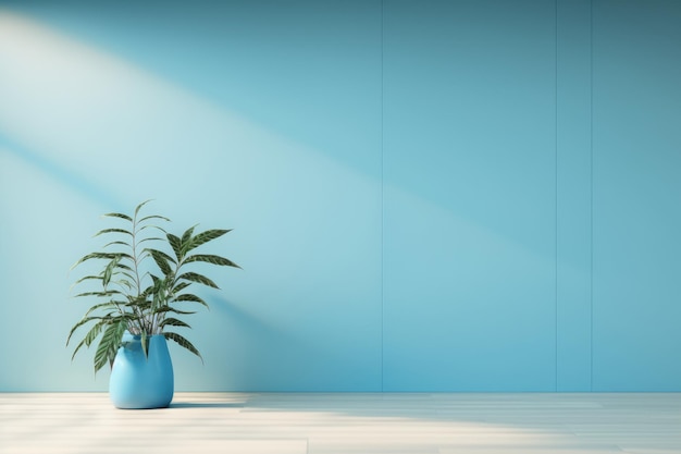 A blue vase with a plant in it sits on a wooden floor.